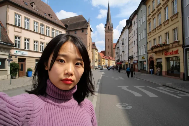 Ahora está tomando una selfie en las calles de Friburgo, es un día encantador